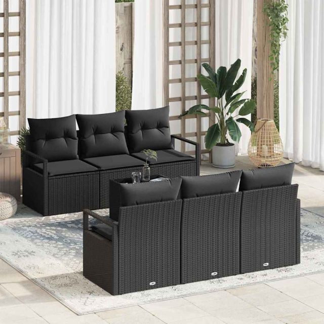vidaXL Sofa Set mit Kissen 7 pcs Schwarz Poly Rattan
