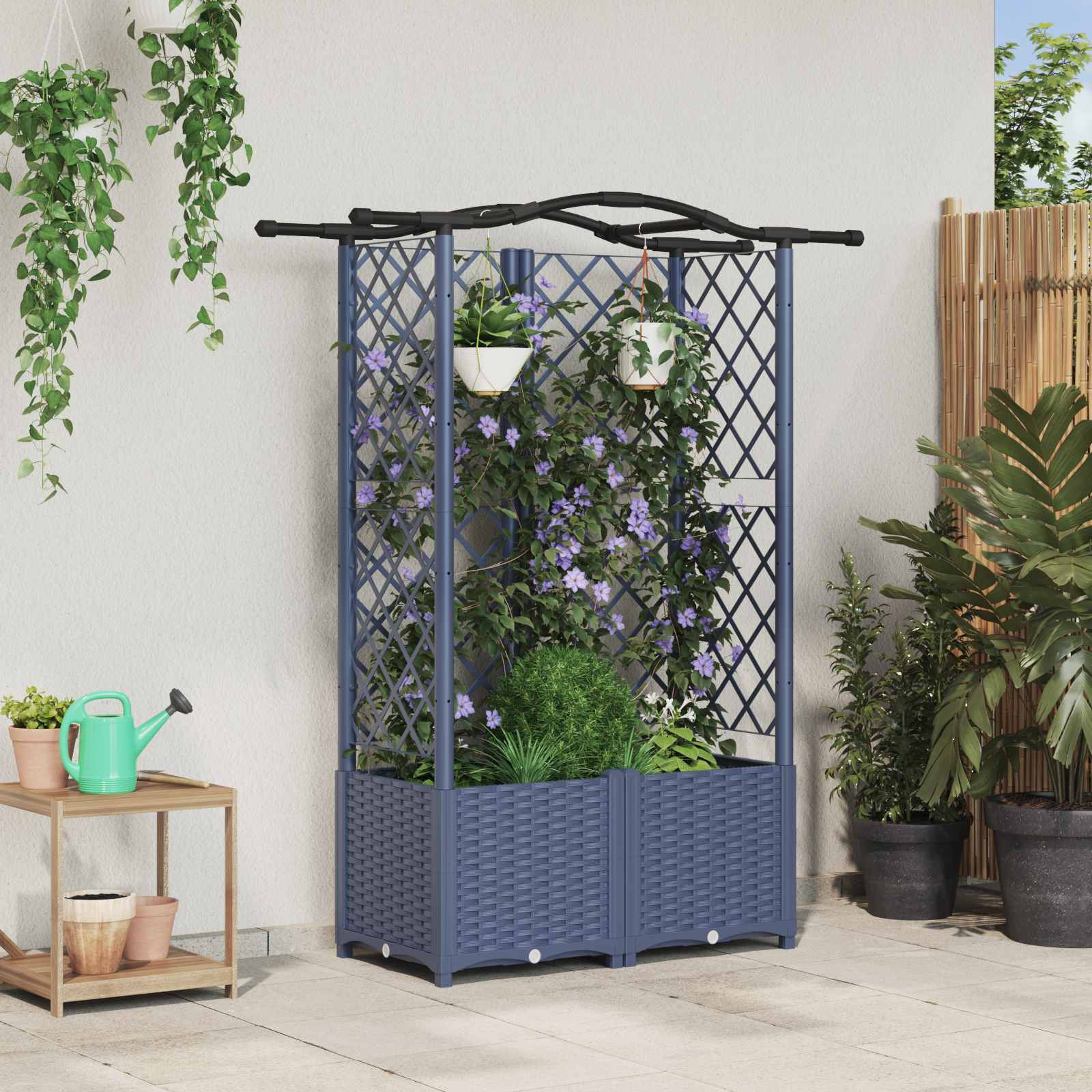 vidaXL Hochbeet mit Rankgitter und Dach Grau 122 x 40 x 138 cm PP