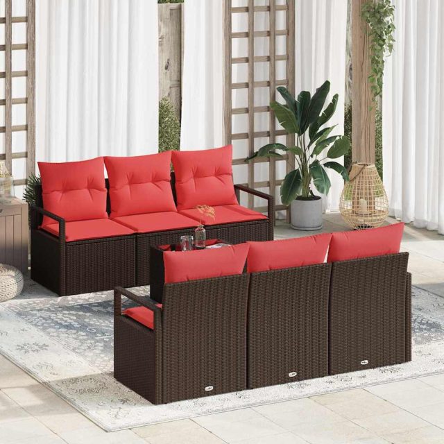 vidaXL Sofa Set mit Kissen 7 pcs Braun und Rot Poly Rattan