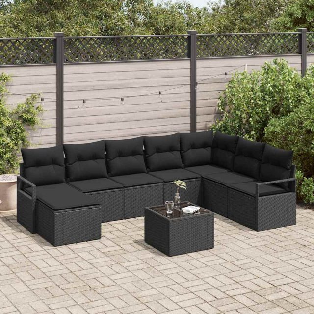 vidaXL Sofa Set mit Kissen 9 pcs Schwarz Poly Rattan