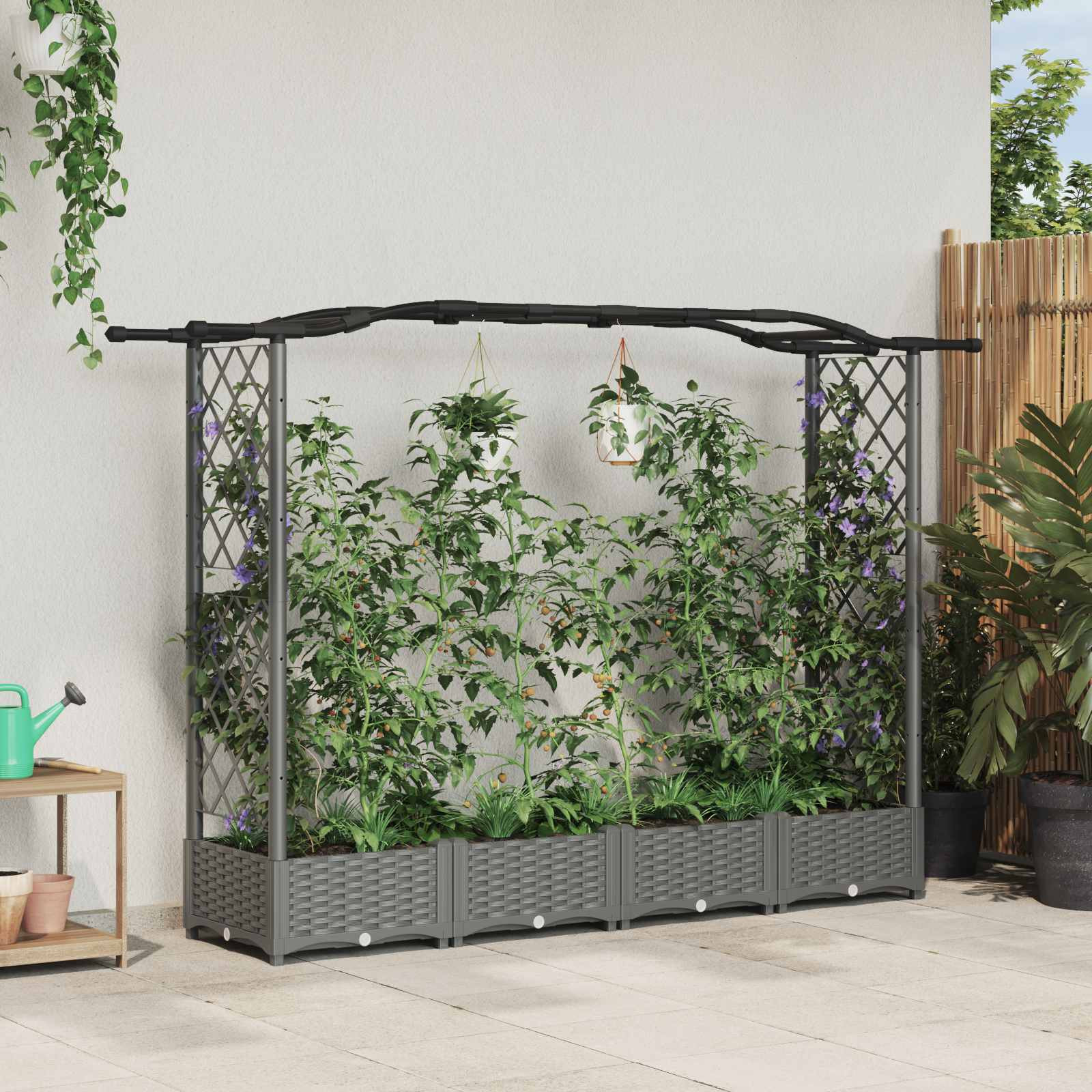 vidaXL Hochbeet mit Rankgitter und Dach Hellgrau 207 x 40 x 123 cm PP