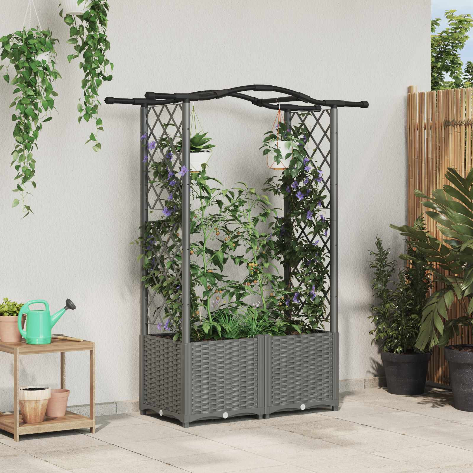 vidaXL Hochbeet mit Rankgitter und Dach Hellgrau 125 x 40 x 138 cm PP