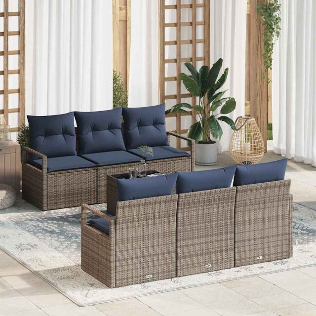 vidaXL Sofa Set mit Kissen 7 pcs Grau und Marineblau Poly Rattan