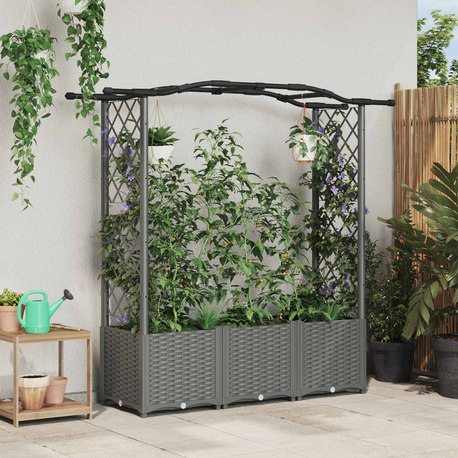 vidaXL Hochbeet mit Rankgitter und Dach Hellgrau 164 x 40 x 138 cm PP