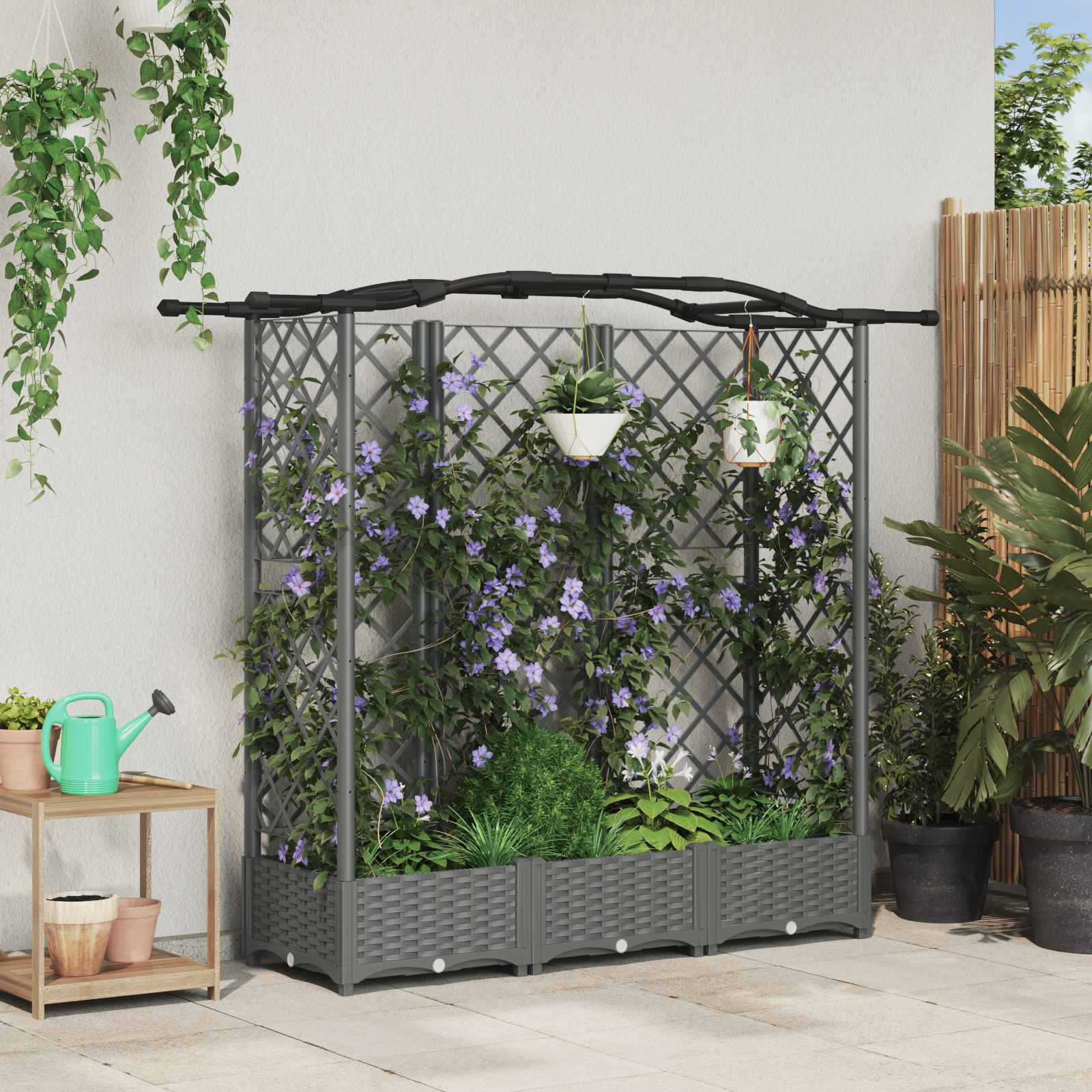 vidaXL Hochbeet mit Rankgitter und Dach Hellgrau 163 x 40 x 123 cm PP