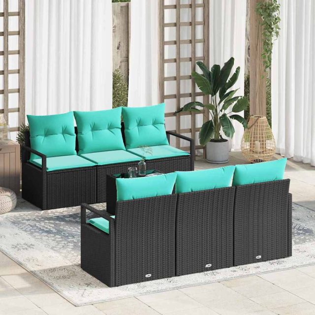 vidaXL Sofa Set mit Kissen 7 pcs Schwarz und Türkis Poly Rattan