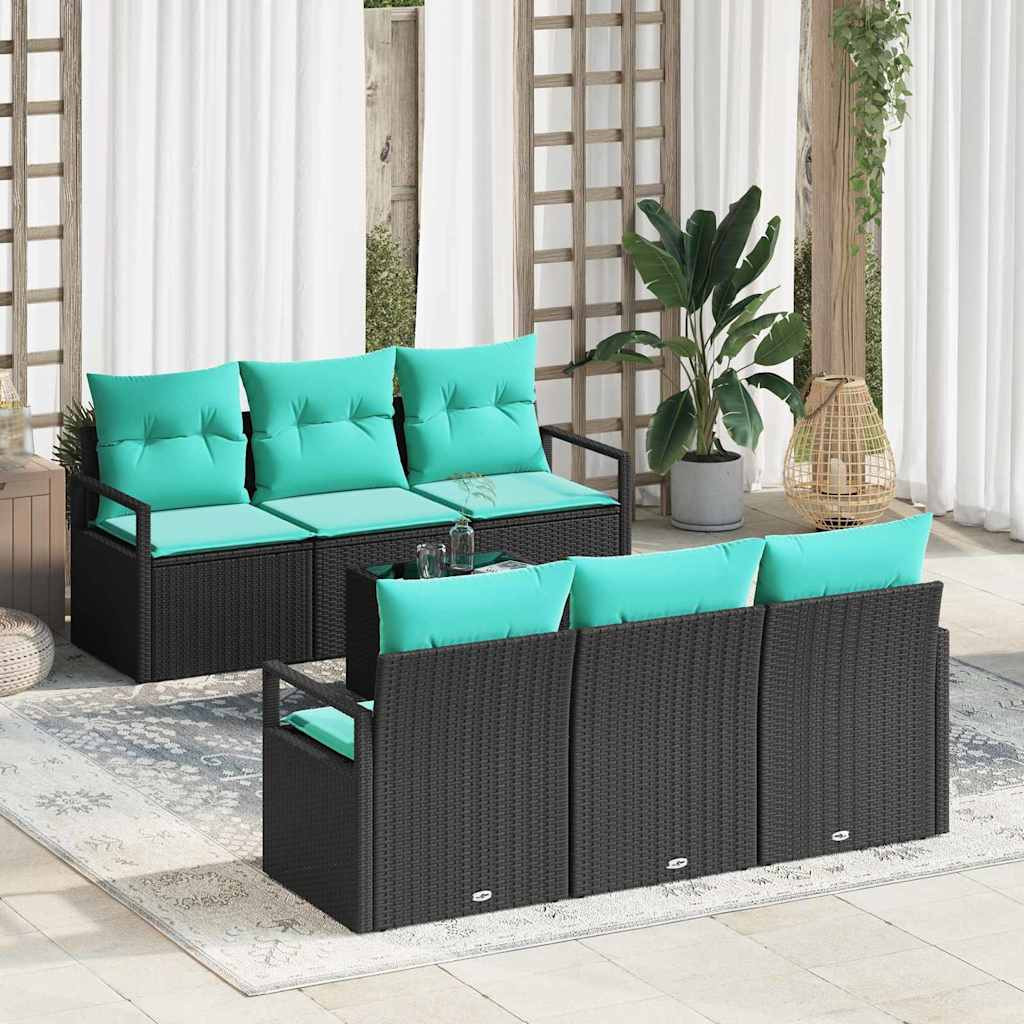 vidaXL Sofa Set mit Kissen 7 pcs Schwarz und Türkis Poly Rattan