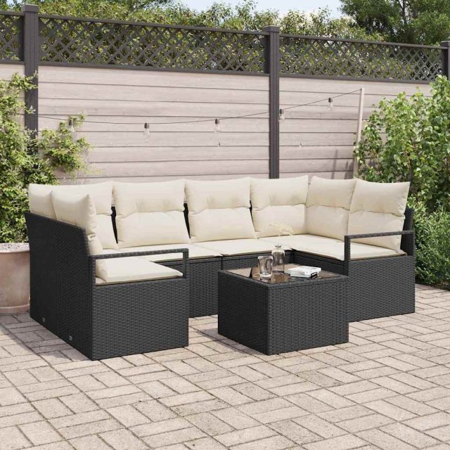 vidaXL Sofa Set mit Kissen 7 pcs Schwarz und Creme Poly Rattan