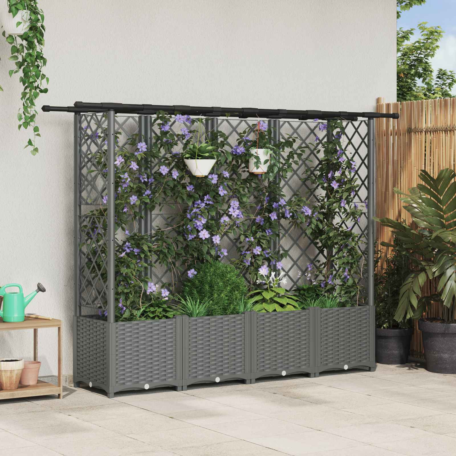 vidaXL Hochbeet mit Rankgitter und Dach Hellgrau 202 x 40 x 136 cm PP