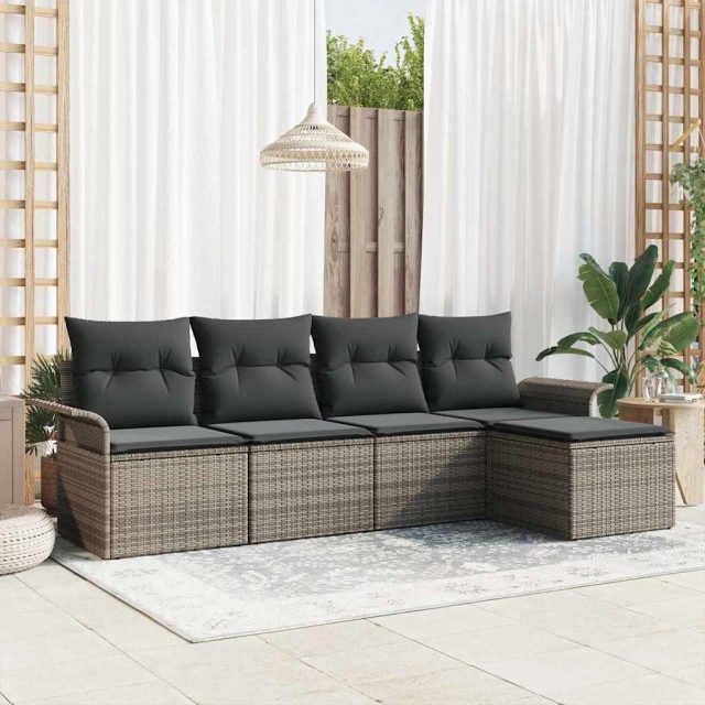 vidaXL Outdoor-Sofa mit Kissen 5 pcs Grau Poly-Rattan
