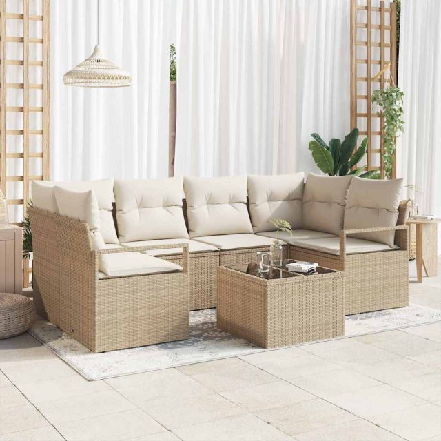 vidaXL Sofa Set mit Kissen 7 pcs Beige und Creme Poly Rattan