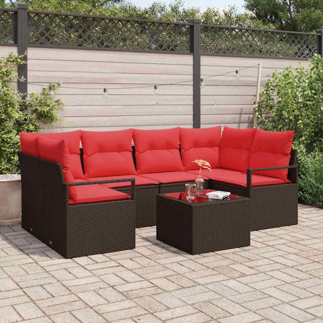 vidaXL Sofa Set mit Kissen 7 pcs Braun und Rot Poly Rattan