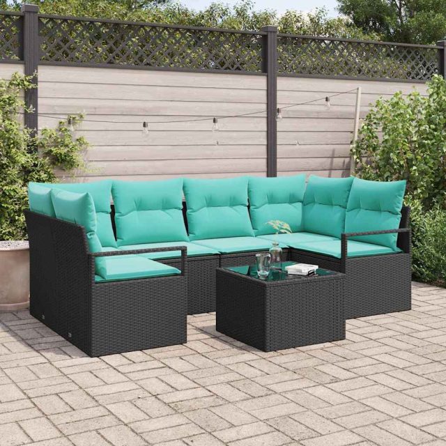 vidaXL Sofa Set 7 pcs Schwarz und Blau Poly-Rattan