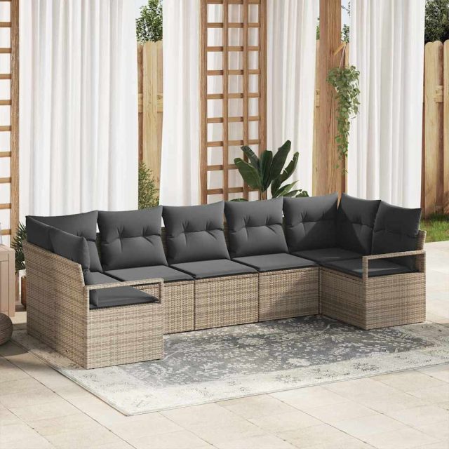 vidaXL Sofa Set mit Kissen 7 pcs Grau Poly Rattan