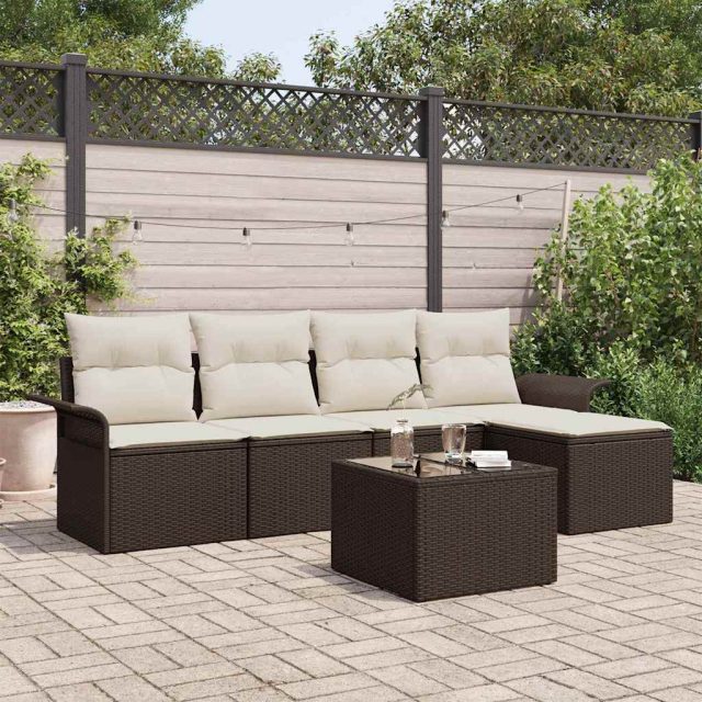 vidaXL Outdoor-Sofa mit Kissen 6 pcs Braun Poly-Rattan