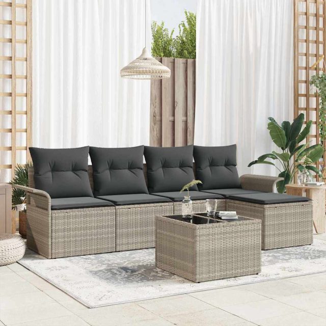 vidaXL Outdoor-Sofa mit Kissen 6 pcs Hellgrau Poly-Rattan