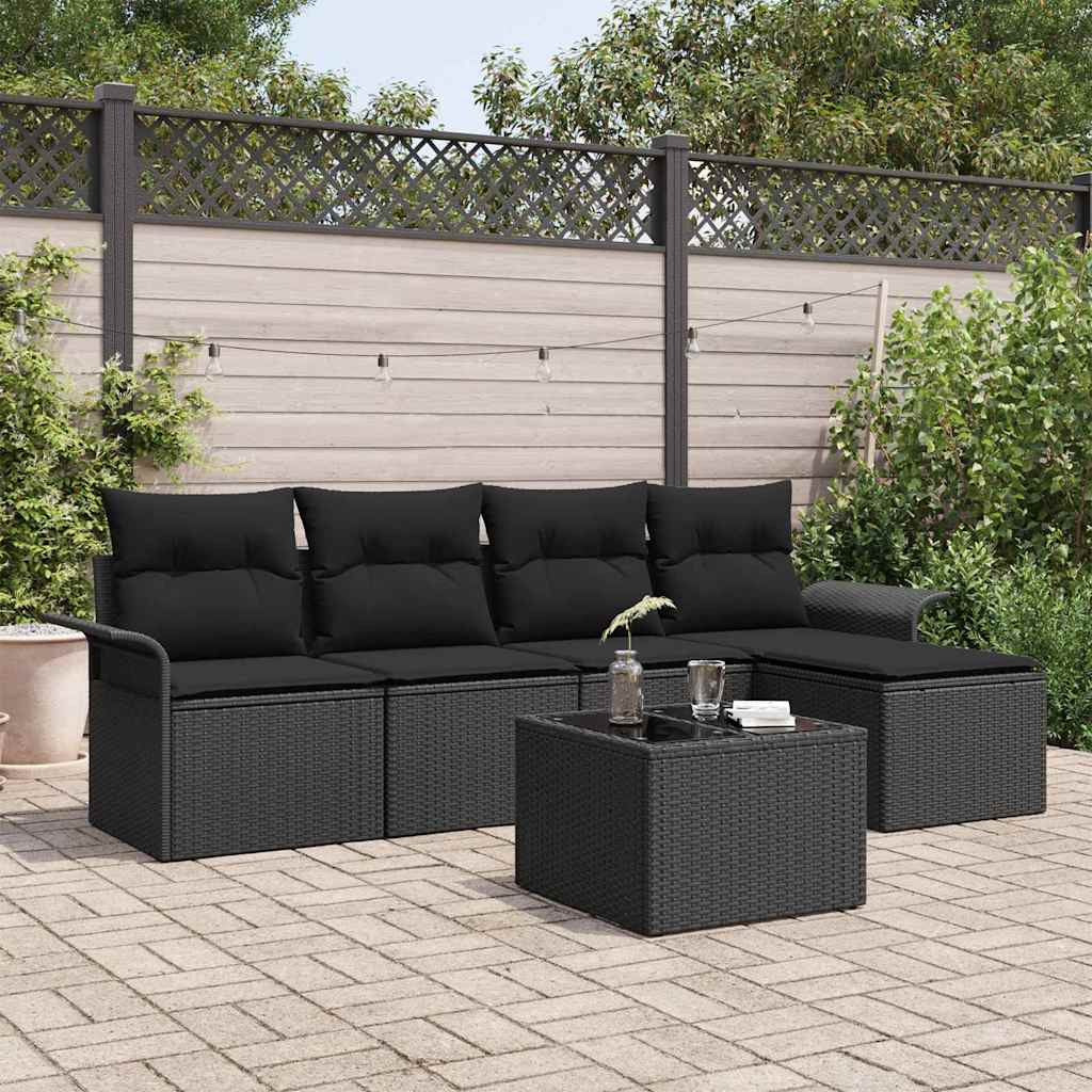 vidaXL Outdoor-Sofa mit Kissen 6 pcs Schwarz Poly-Rattan