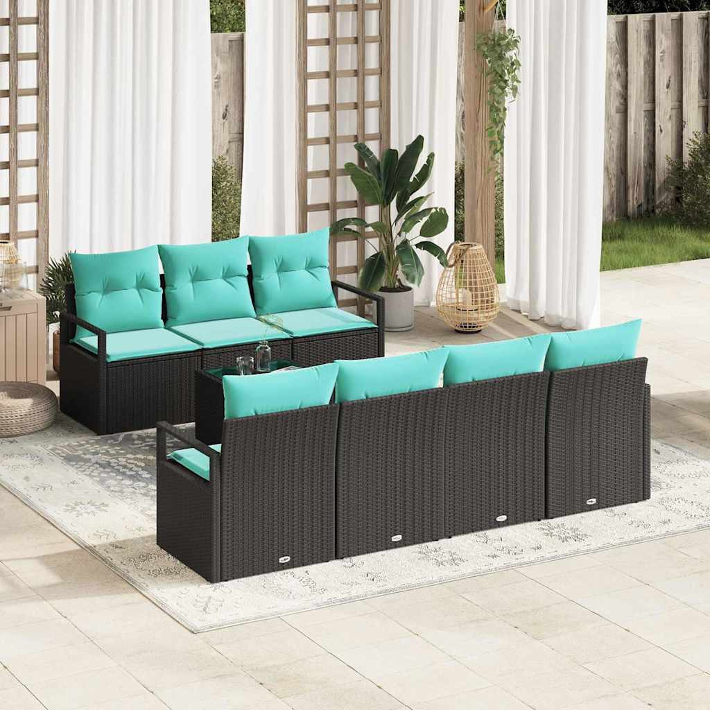 vidaXL Sofa Set mit Kissen 8 pcs Schwarz und Türkis Poly Rattan