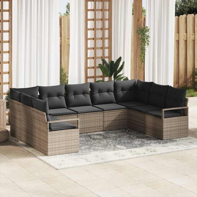 vidaXL Sofa Set mit Kissen 9 pcs Grau Poly Rattan