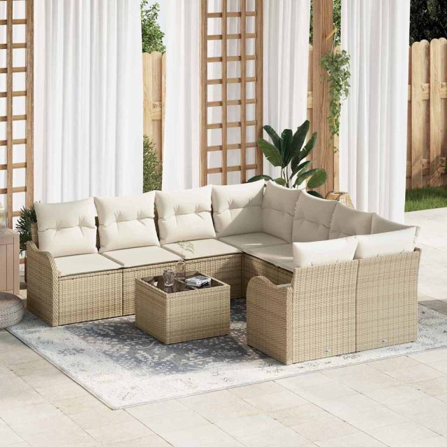 vidaXL Gartensofa-set mit Kissen mit Speicher 9 pcs Beige Poly-Rattan