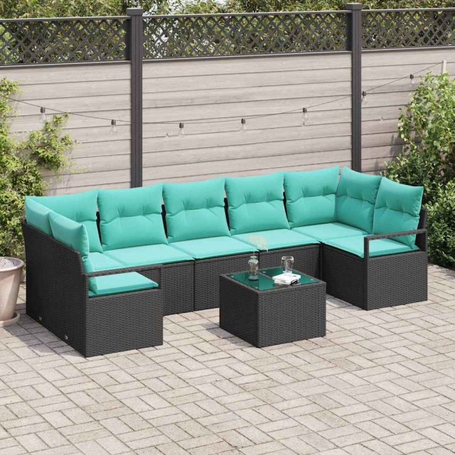 vidaXL Sofa Set 8 pcs Schwarz und Türkis Poly-Rattan