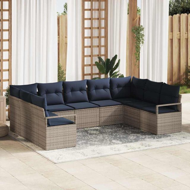 vidaXL Sofa Set mit Kissen 9 pcs Grau Poly-Rattan