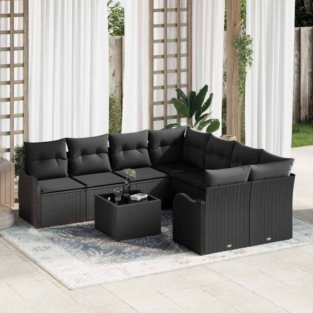 vidaXL Gartensofa-set mit Kissen 9 pcs Schwarz Poly-Rattan