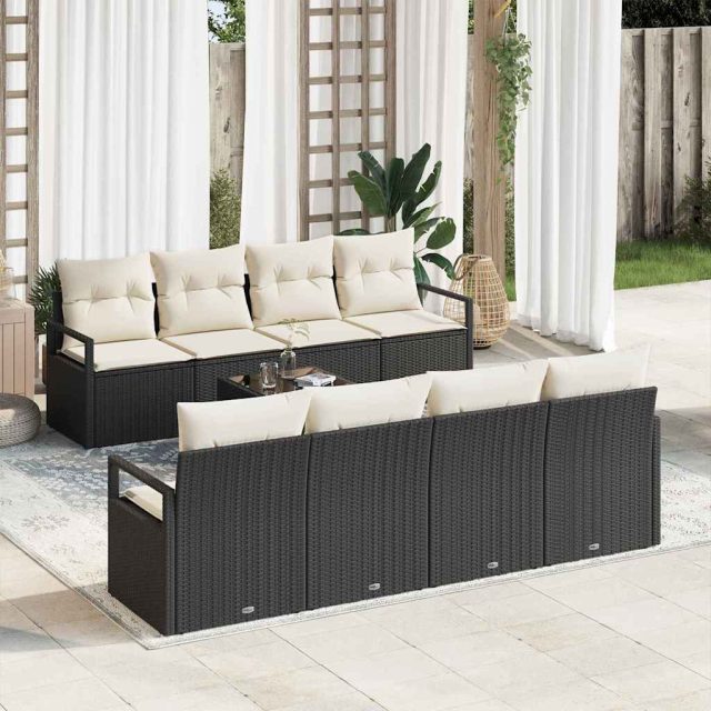 vidaXL Sofa Set mit Kissen 7 pcs Schwarz und Creme Poly Rattan