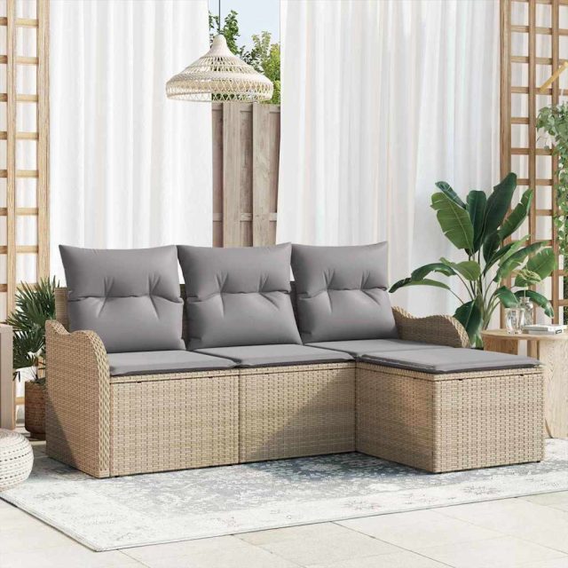vidaXL Gartensofa-set mit Kissen mit Speicher 4 pcs Beige Poly-Rattan