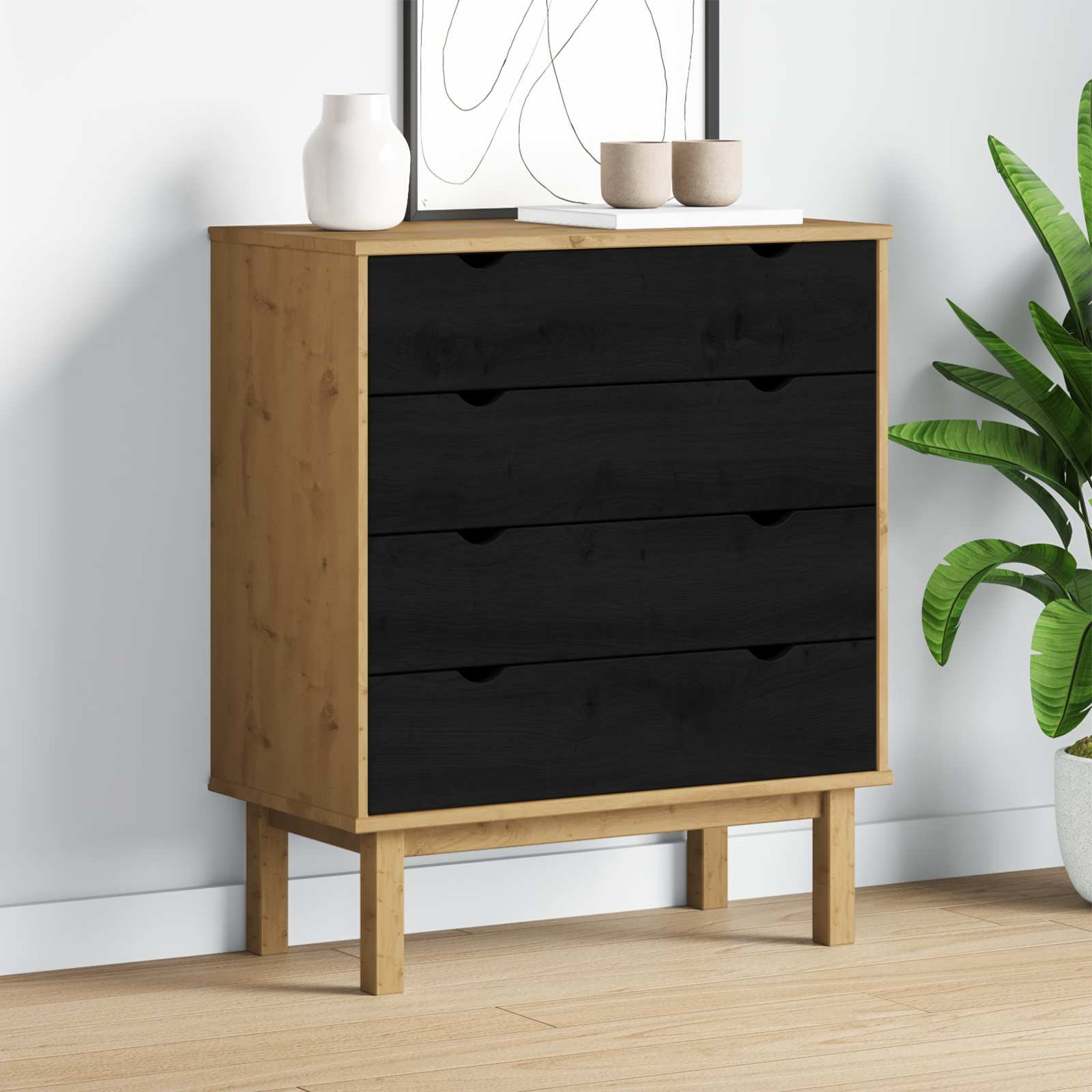 vidaXL Kommode OTTA Schwarz 76,5 x 39,5 x 90 cm Massives Kiefernholz