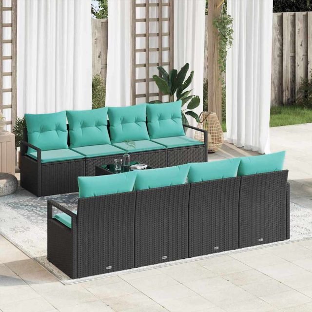 vidaXL Sofa Set mit Kissen 7 pcs Schwarz und Hellblau Poly Rattan