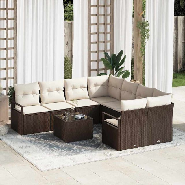 vidaXL Sofa Set mit Kissen 9 pcs Braun und Creme Poly Rattan