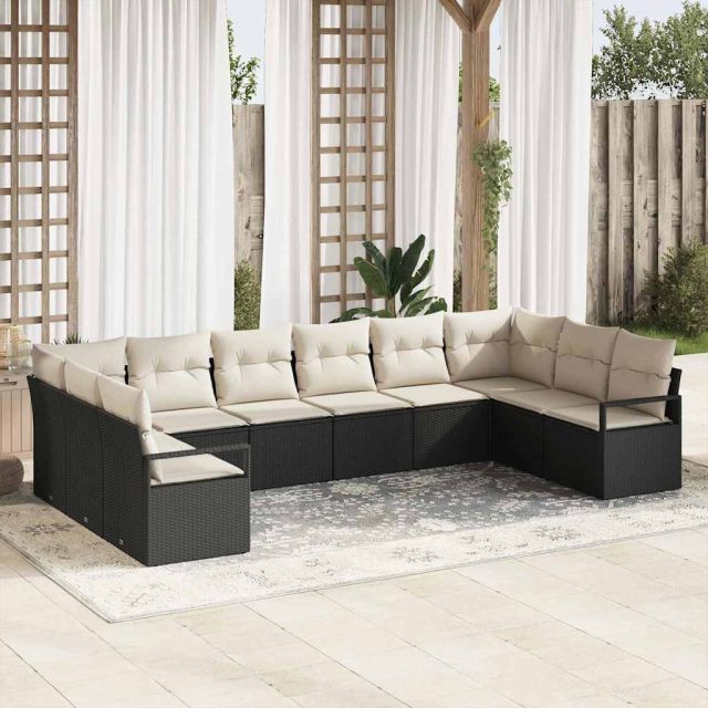 vidaXL Sofa Set mit Kissen 10 pcs Schwarz Poly-Rattan