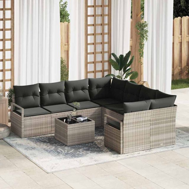 vidaXL Sofa Set mit Kissen 9 pcs Hellgrau und Schwarz Poly Rattan