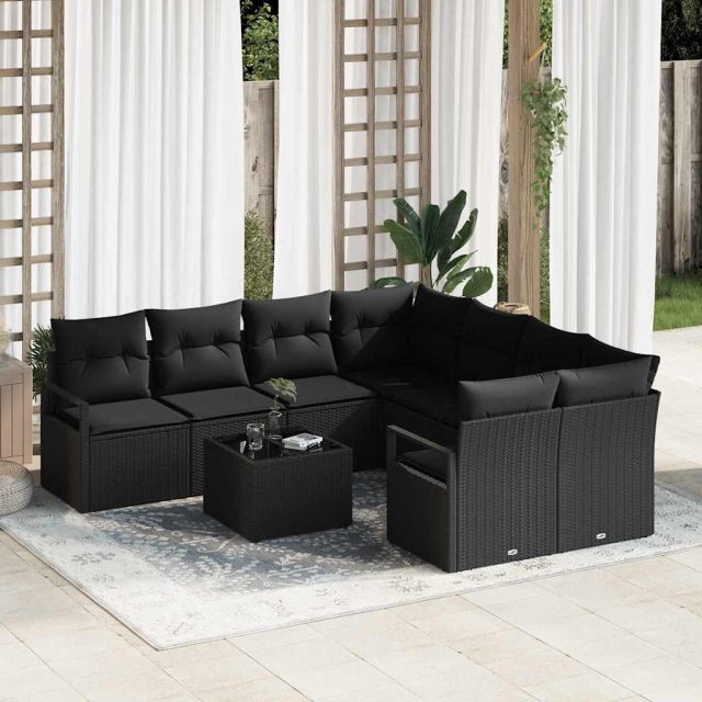 vidaXL Sofa Set mit Kissen 9 pcs Schwarz Poly Rattan