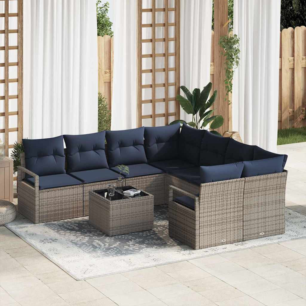 vidaXL Sofa Set mit Kissen 9 pcs Grau und Marineblau Poly Rattan