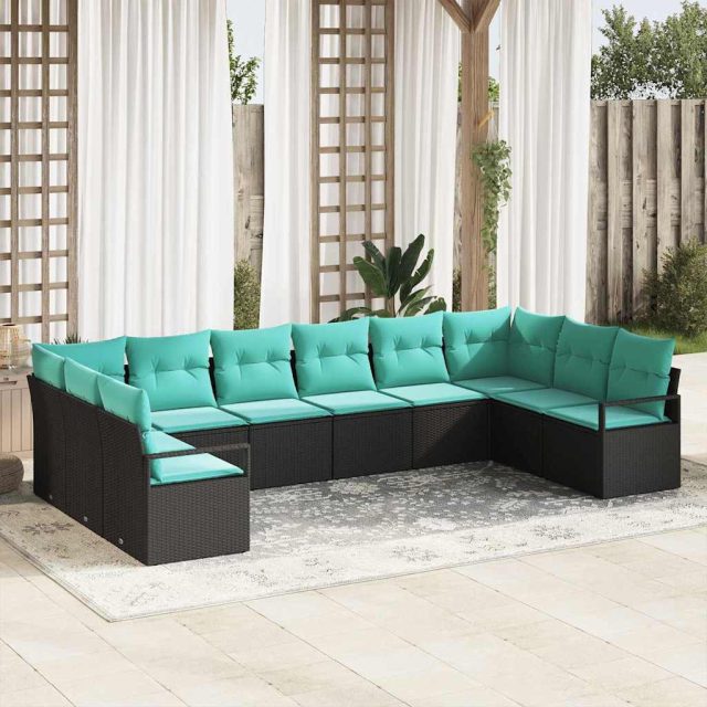 vidaXL Sofa Set mit Kissen 10 pcs Schwarz Poly-Rattan