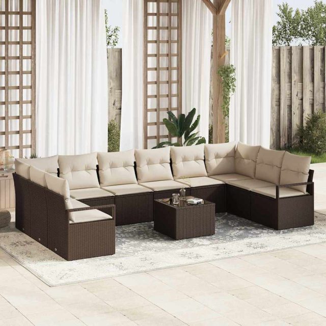 vidaXL Sofa Set mit Kissen 11 pcs Braun Poly Rattan