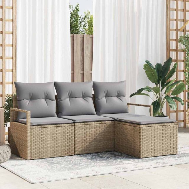 vidaXL Sofa Set mit Kissen 4 pcs Beige Poly Rattan