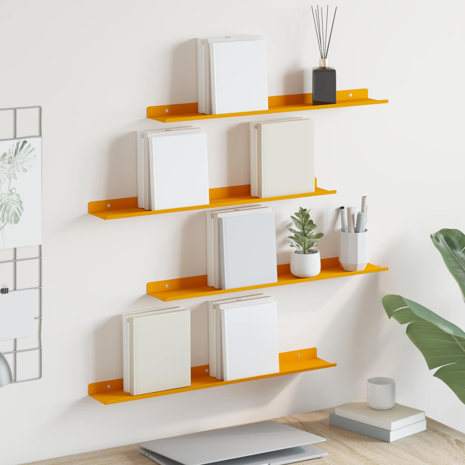 vidaXL Schwebendes Regal 4 pcs Senfgelb 60 x 8,5 x 2,5 cm Stahl