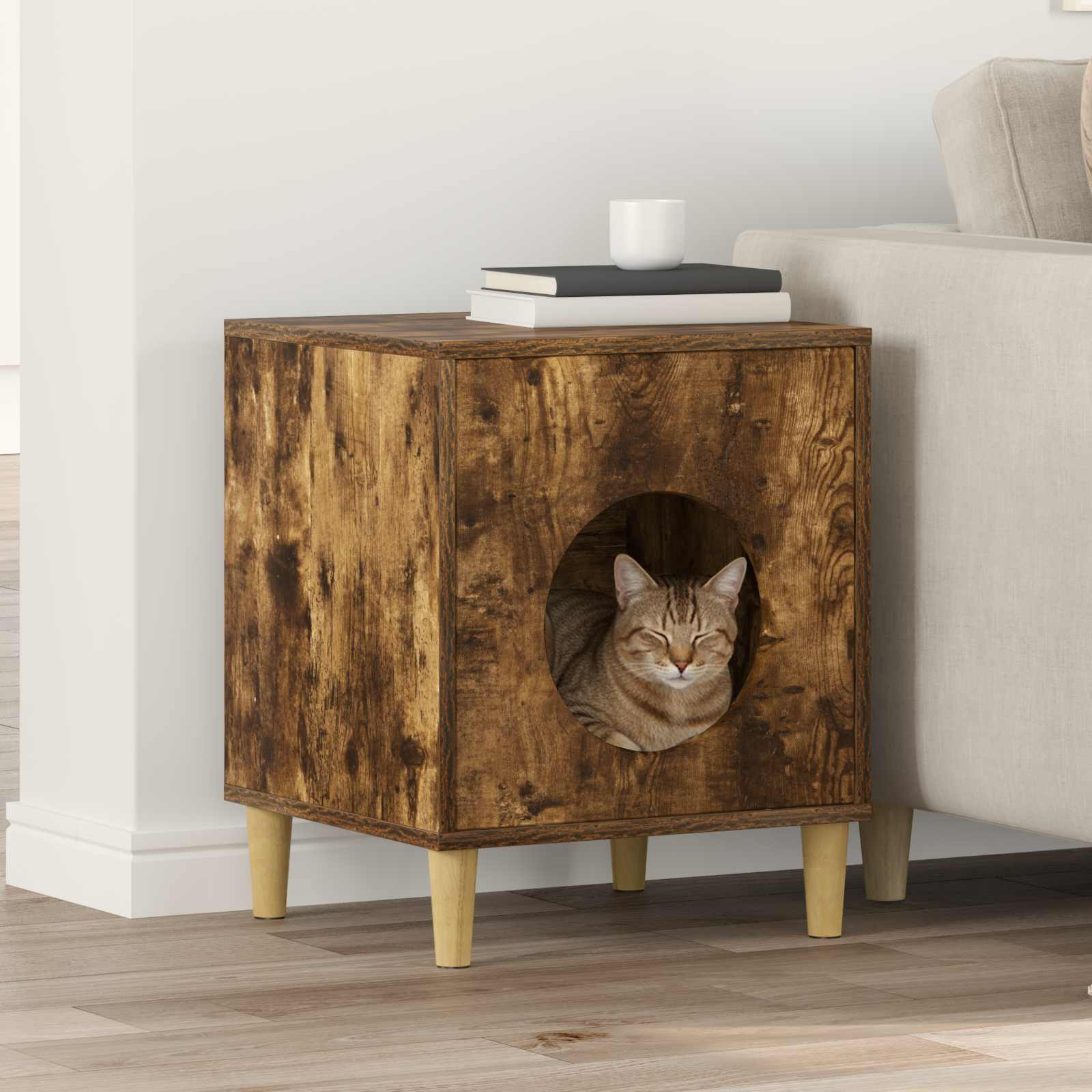 vidaXL Katzenhaus Geräucherte Eiche 42,5 x 40 x 53 cm Holzwerkstoff