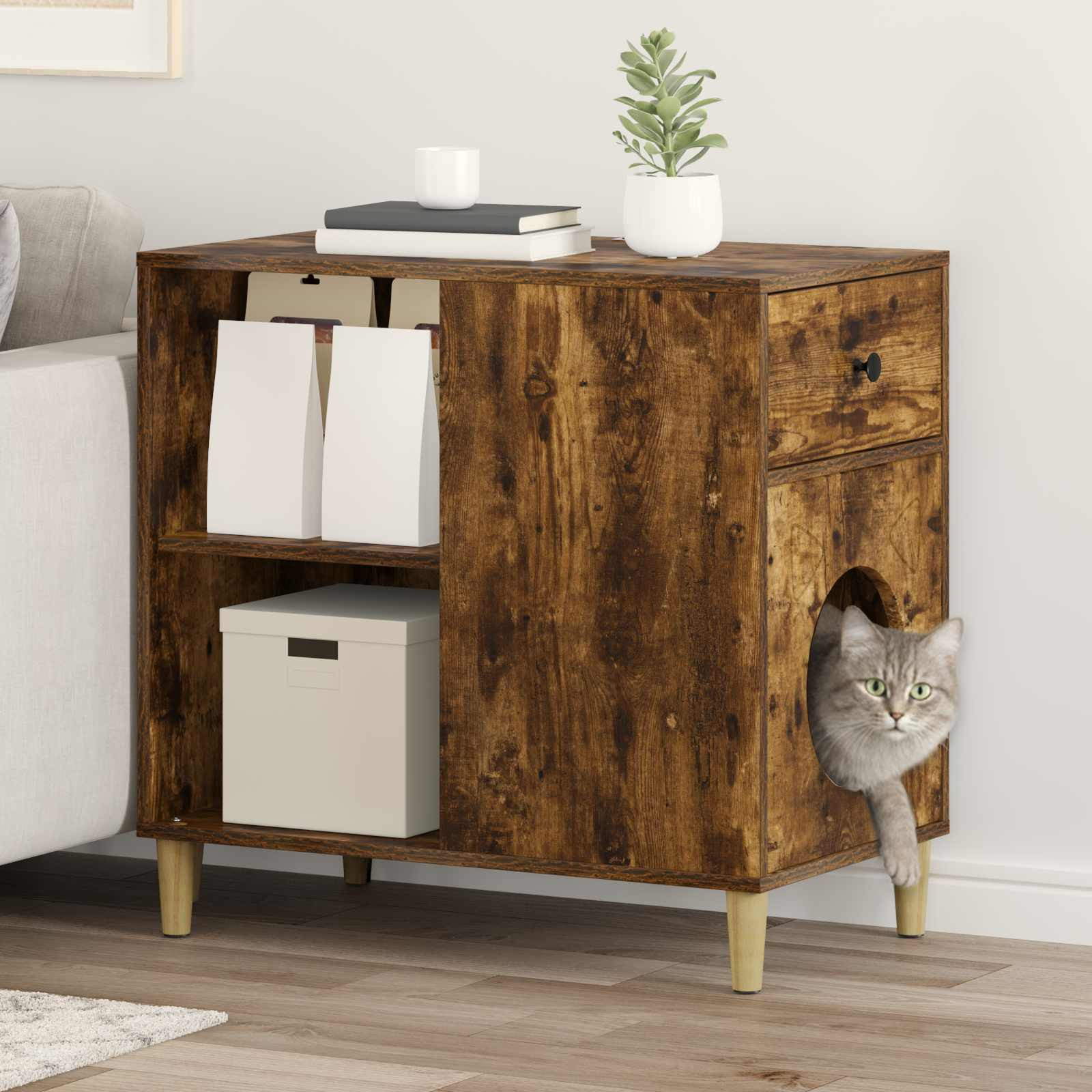 vidaXL Katzenhaus Geräucherte Eiche 72 x 42,5 x 70 cm Holzwerkstoff