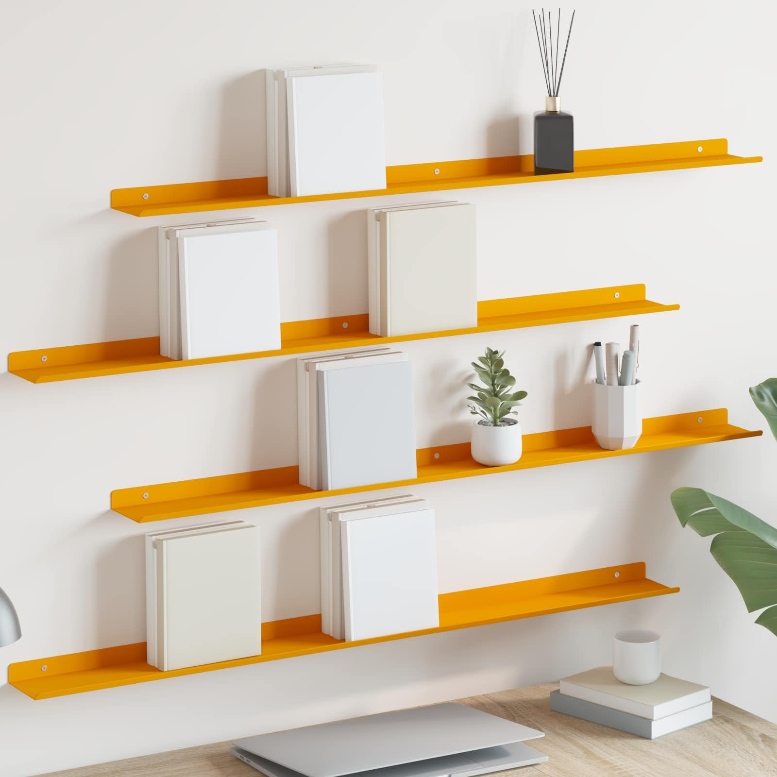 vidaXL Schwebendes Regal 4 pcs Senfgelb 100 x 9 x 2,5 cm Stahl