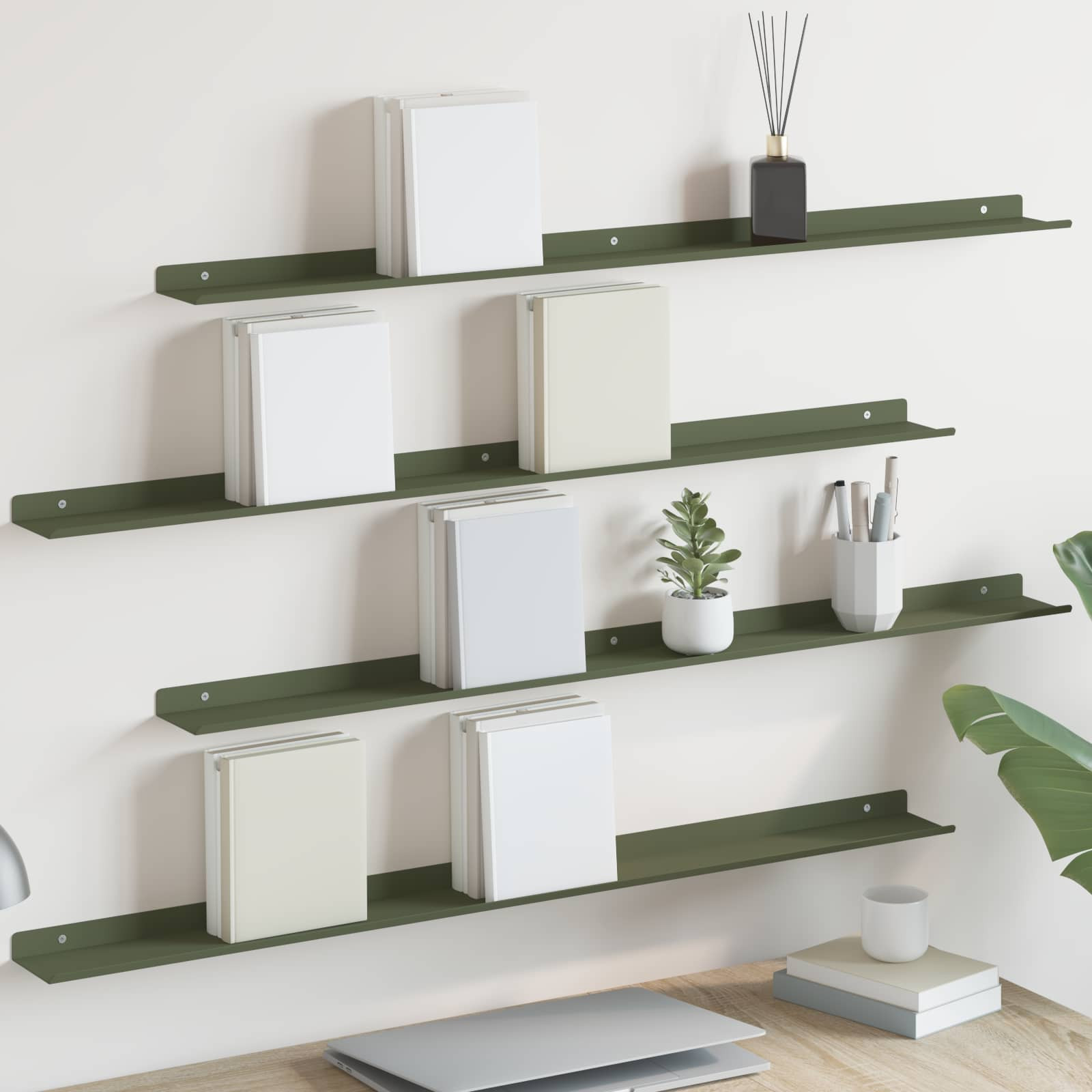 vidaXL Schwebendes Regal 4 pcs Olive Grün 100 x 9 x 2,5 cm Stahl