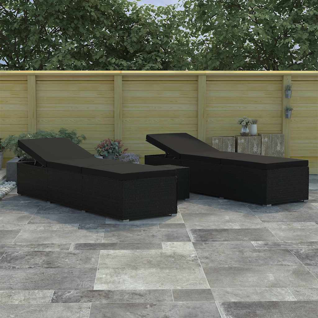 vidaXL Garten Sonnenliegen mit Kissen 3 pcs Schwarz Poly Rattan