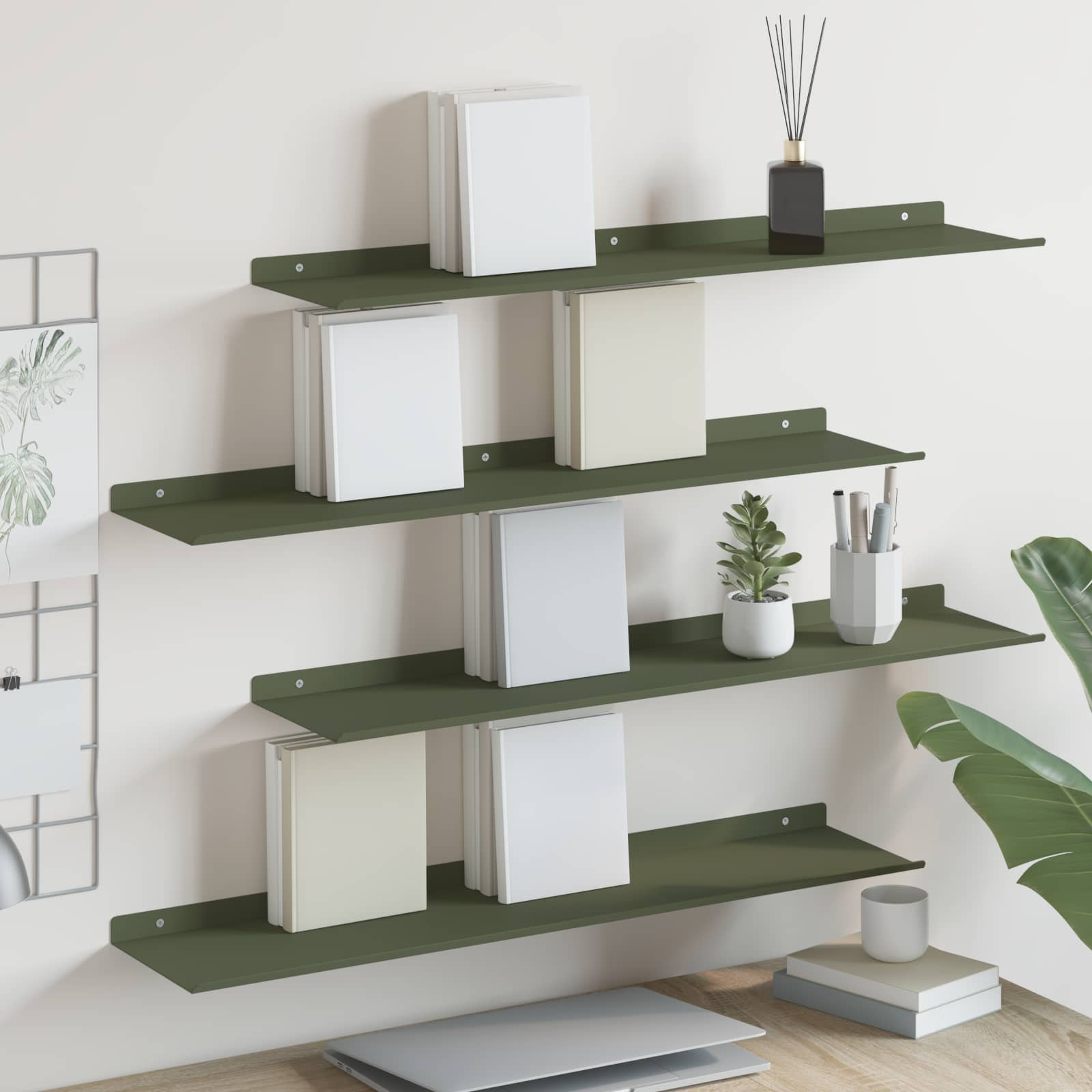 vidaXL Schwebendes Regal 4 pcs Olive Grün 80 x 18 x 2,5 cm Stahl