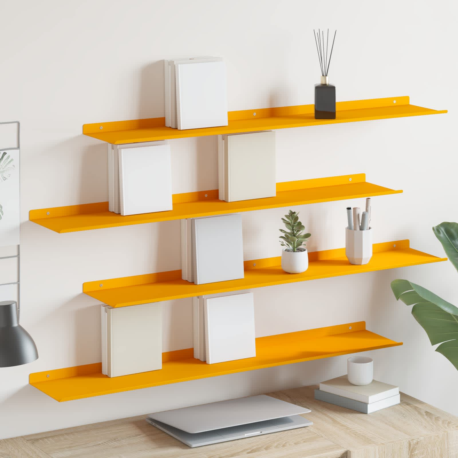 vidaXL Schwebendes Regal 4 pcs Senfgelb 100 x 18 x 2,5 cm Stahl