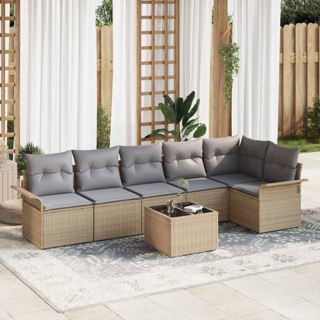 vidaXL Gartensofa-set mit Kissen 7 pcs Beige Poly-Rattan