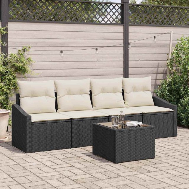 vidaXL Sofa Set mit Kissen 5 pcs Schwarz und Creme Poly Rattan