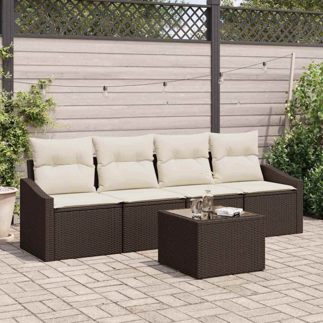 vidaXL Sofa Set mit Kissen 5 pcs Braun und Creme Poly Rattan